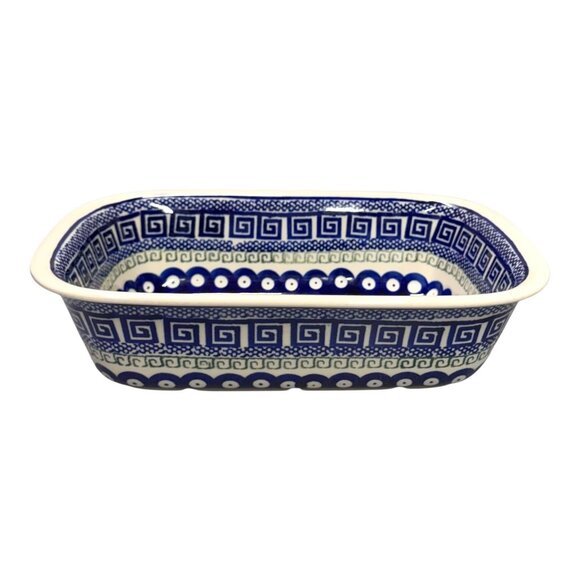 Boleslawiec Polish Pottery Peacock Baking Dish Loaf Pan Blue Red Dots Signed - Picture 8 of 10